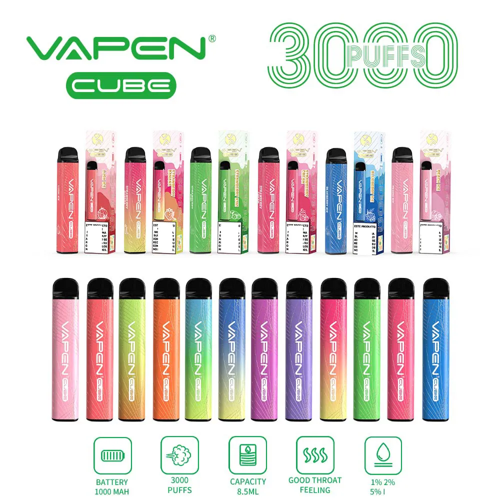 Engångsvape Autentic Vapen Cube 3000 Puffs Pen E-cigaretter Kits 1000mAh Batteri 8,5 ml Plus kapacitetsånga Förfyllda barer Brand Factory Vapor