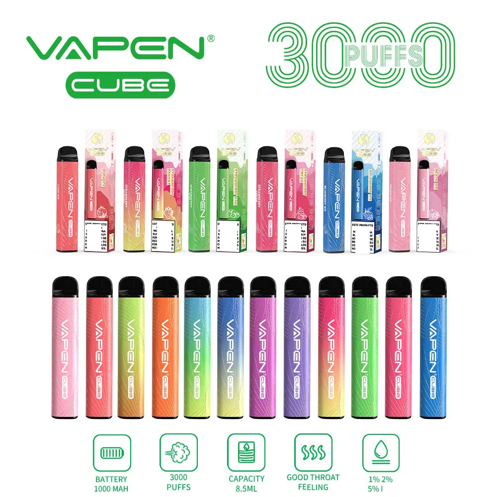 Vape descartável autêntico VAPEN CUBE 3000 PUFFs Kits de e-cigarros 1000mAh Bateria 8,5ml Plus Capacidade Vapes Barras pré-preenchidas Vapor de marca de fábrica