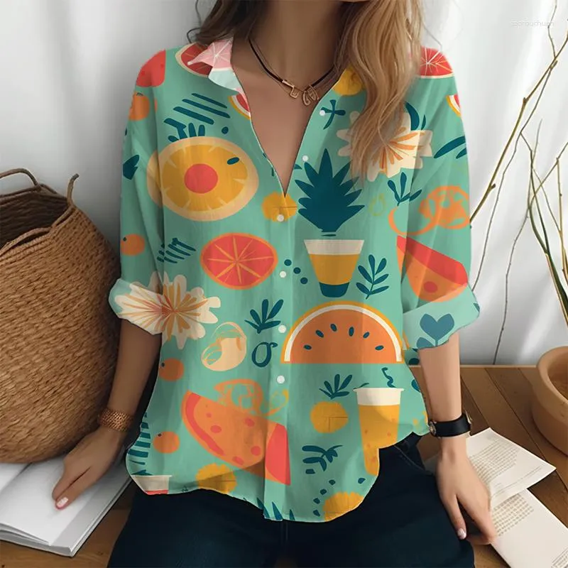 Damen-Blusen, Hawaii-Strand-Stil, Hemd, Obst, 3D-bedruckt, Oberteile, locker, lässig, große Größe, Langarm, Frühling und Herbst