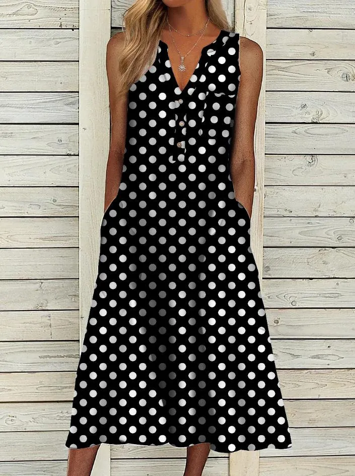 Casual Dresses Elegant Polka Dot Sleeveless Pockets Dress for Women 2023 Summer V-Neck randig Loose Office Lady Button Chic Midi