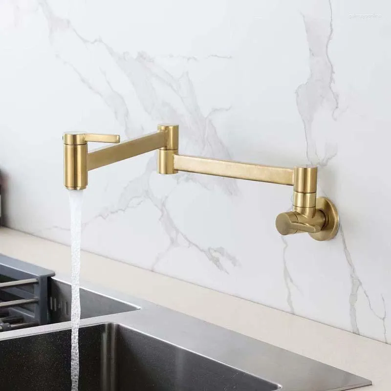 Kitchen Faucets Golden Sink Faucet Wall Mounted Folding With Dual Handle For Rotatable Spout Mixer Tap Brass