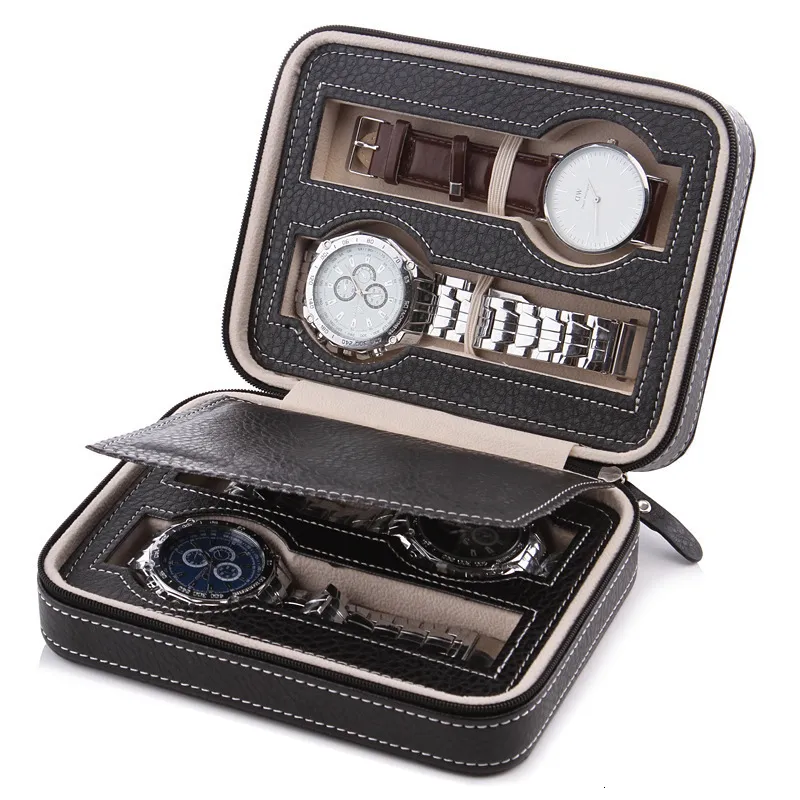 مربعات المجوهرات 4 إكسسوارات مراقبة مربعات عرض حقيبة تخزين حقيبة سفر PU Leathe Watches Organizer Zipper 230808