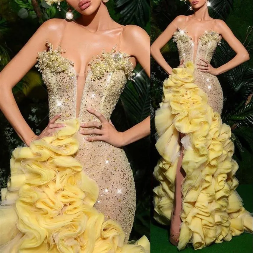 2022284 Jaune Magnifiques Robes De Bal Avec Des Perles De Cristal Sans Manches Paillettes Paillettes Gaine Split Robe De Soirée Ruché Personnalisé Long P292z