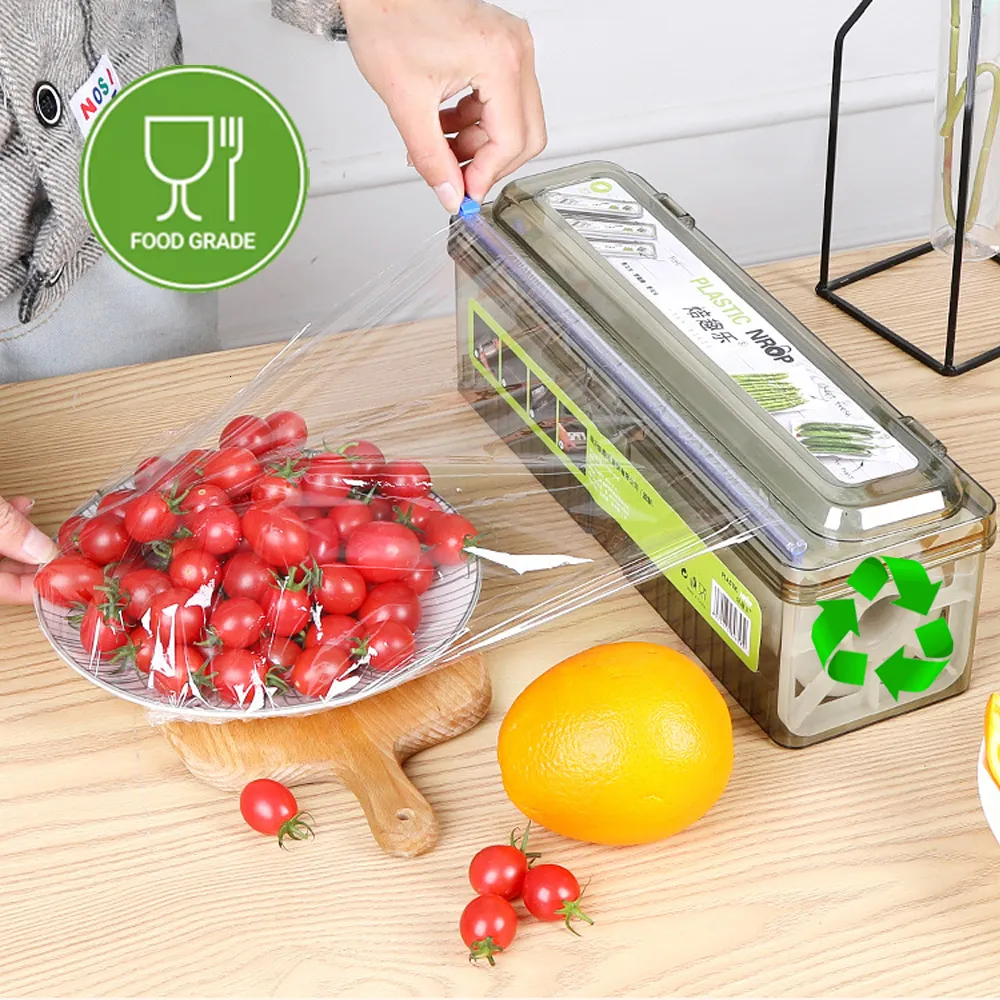 Autres outils de cuisine Distributeur de pellicule plastique Feuille de fixation Cling Film Cutter Alimentaire Sharp Organisateur Outil Accessoires 230807