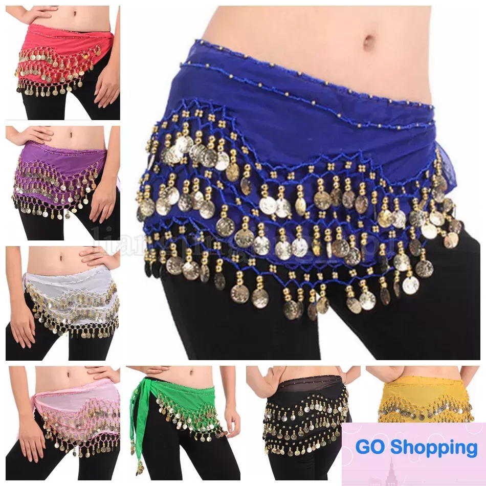 Classic Belly Dance Kjol Scarf Hip Wrap Belt Chiffon 3 Rows 128 Coins Belt Kirt Party Decoration 200pcs