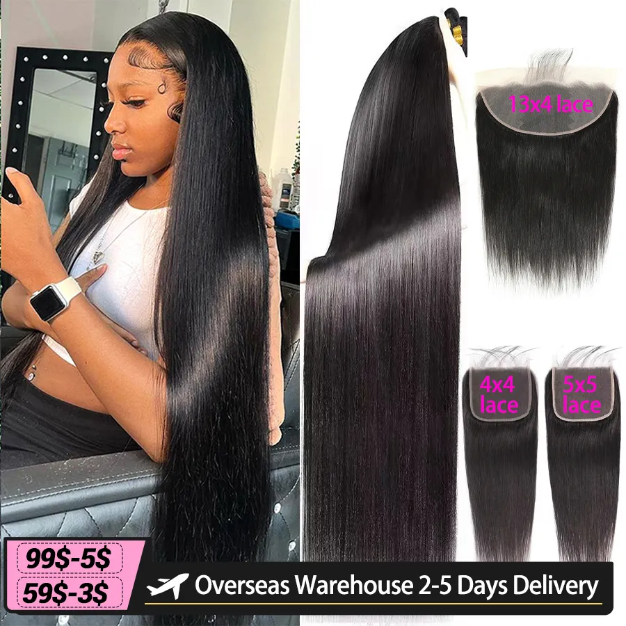 Synthetic Wigs Brazilian Straight Remy Hair 36 40 Inch Human Bundles With 13X4 Lace Frontal Promqueen Ear To 4x4 Closure 230807