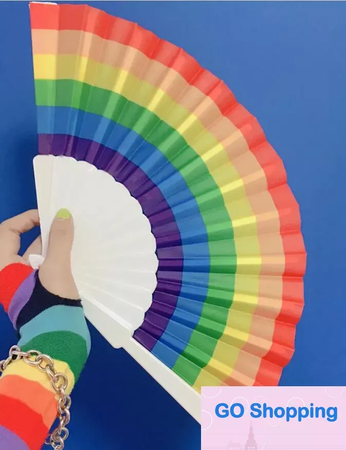 All-match Rainbow Hand Held Folding Fan Silk Folding Hand Fan Vintage Style Rainbow Design Held Fans For Birthday Graduation Holiday