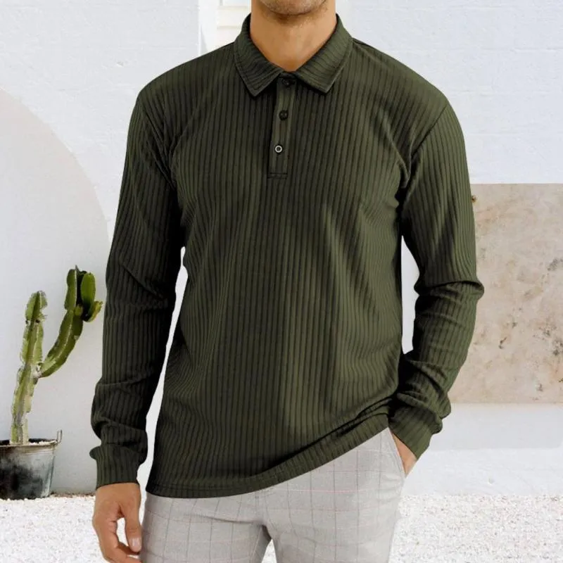 T-shirt da uomo primavera autunno uomo top bavero bottoni scollo camicia top manica lunga strisce verticali texture pullover