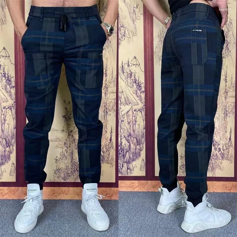 Men's Pants 2024 Six-pocket Checkered Casual Fashion All-match Elastic Color Matching Small Feet Harem