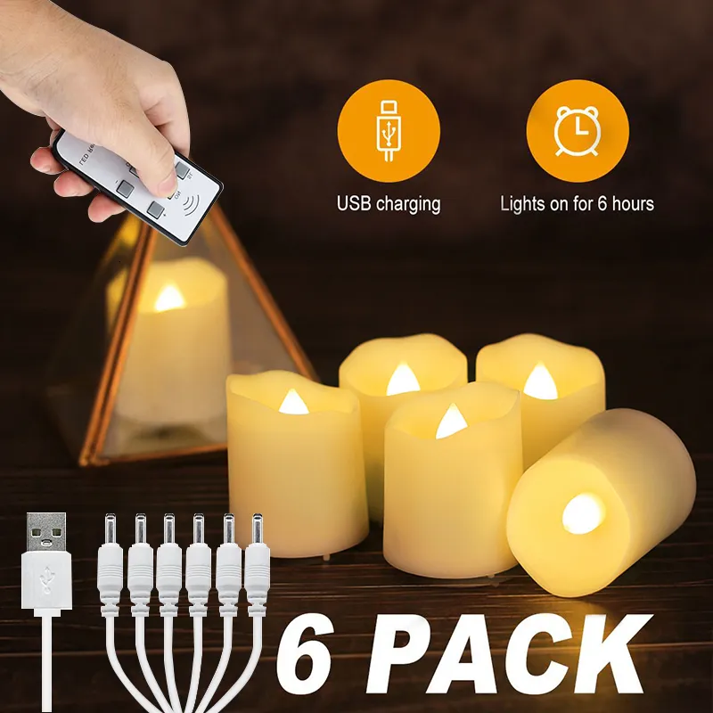 Candles 6pcs Rechargeable LED Candle Timer Remote Flashing Flame Wedding Birthday Decoration Tea Light USB Charger Home 230808