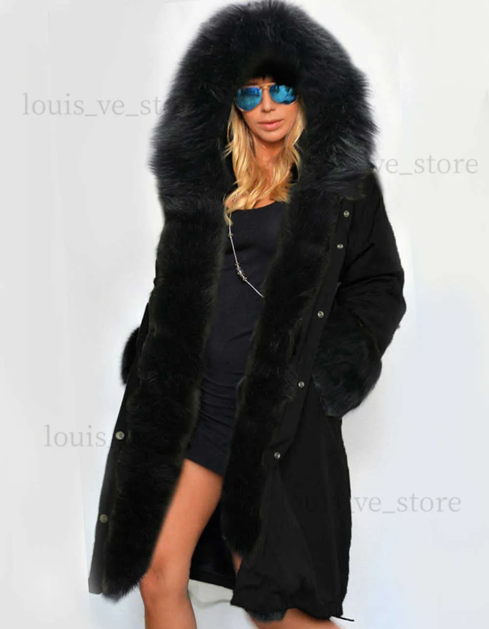 도매-새로운 겨울 코트 여성 재킷 진짜 대형 너구리 모피 칼라 두꺼운 면화 안감 숙녀 다운 파파 플러스 사이즈 S-2XL T230808