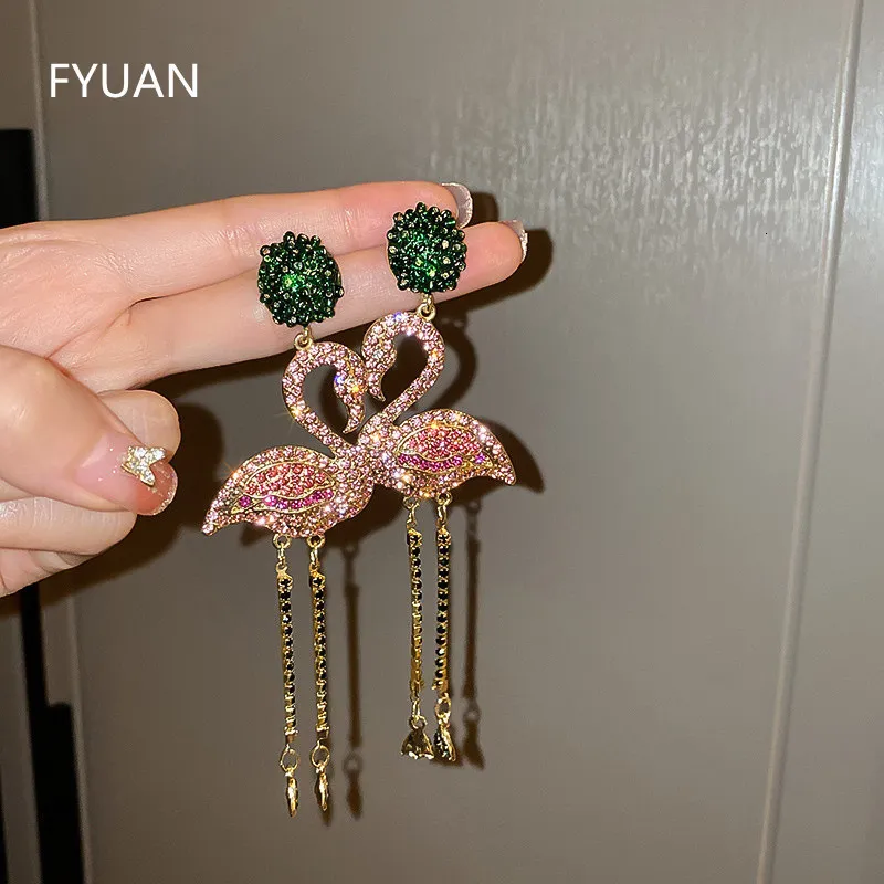 Dangle Chandelier FYUAN Pink Birds Crystal Earrings for Women Bijoux Long Tassel Dangle Earrings Statement Jewelry 230808