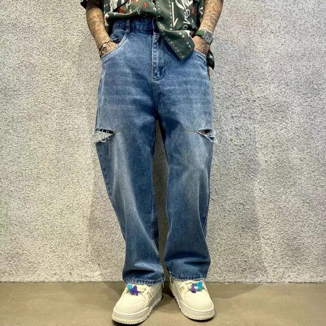 2023ss High Street Vintage Washed Hole Jeans Moletom Masculino Calças Streetwear Roupas Masculinas