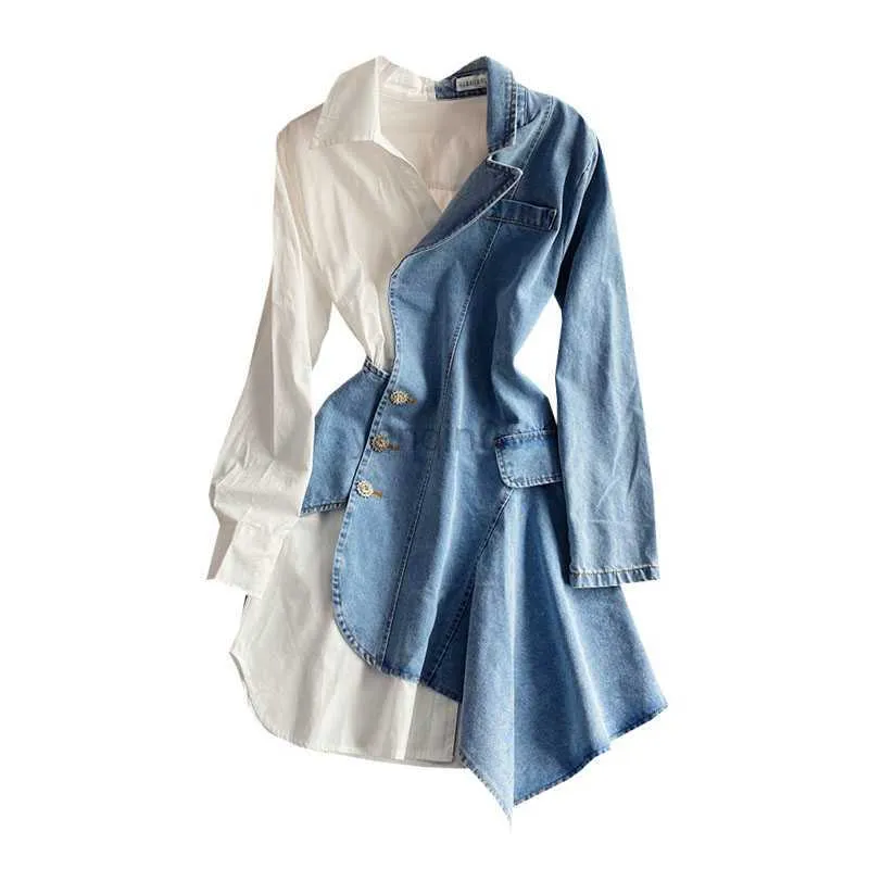 Maternity Dresses Spring fashion irregular denim stitching long-sleeved shirt Dress Female suit Dress personality stitching dress fashion Women HKD230808