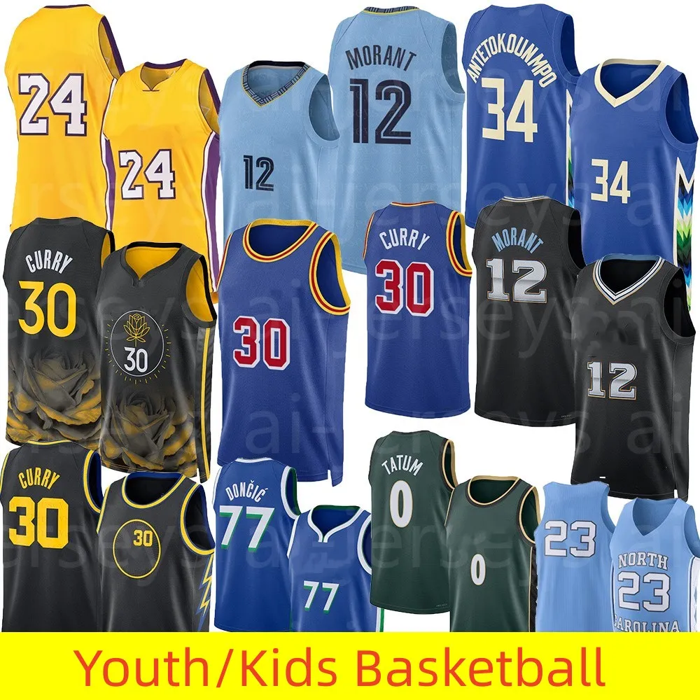 Basketballerseys 30 Curry 34 Antetokounmpo 12 Morant 77 Doncic 0 Tatum gestikte jeugdkinderen maat s m l xl