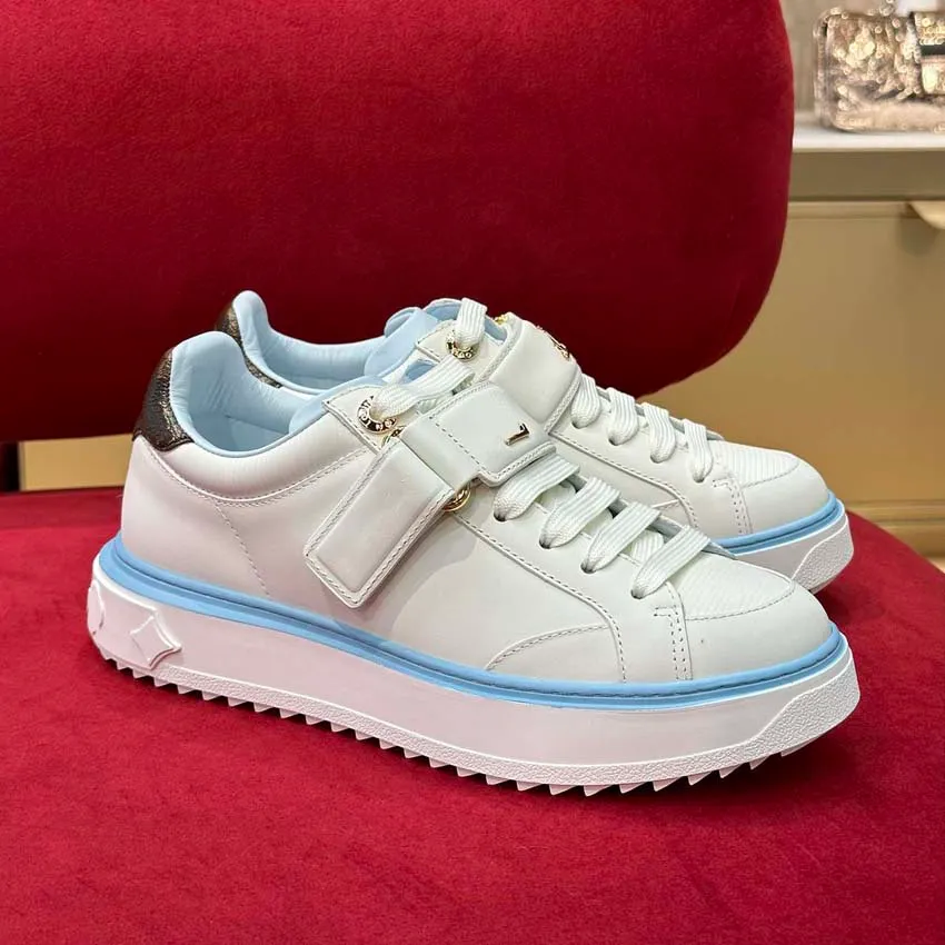 2023 Designer Trainer Sneaker Casual Shoes Calfskin Leather White Green Blue Leather Overlays Platform Low Sneakers Shoe