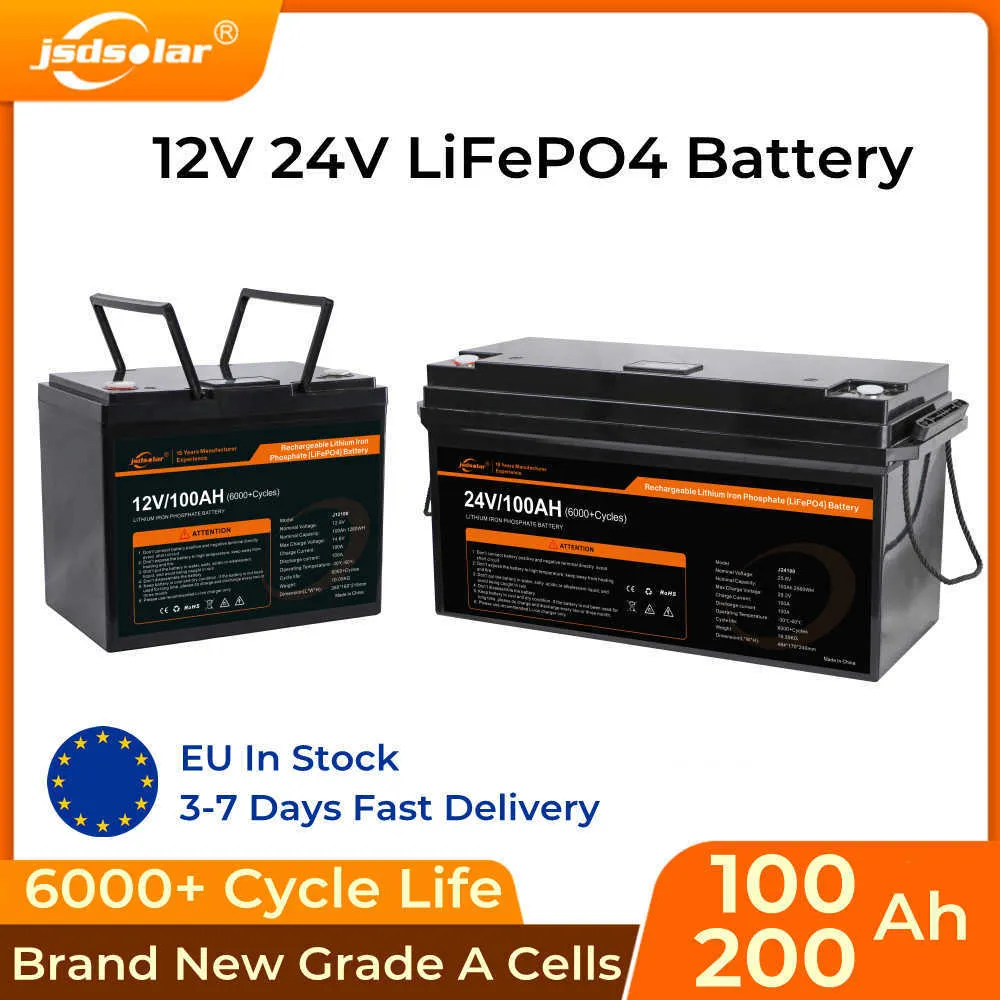 JSDSOLAR LIFEPO4バッテリーパック100AH 12V 24Vビルトイン100A BMS 6000+サイクルバックアップパワーに最適なホームエネルギーストレージ無料税