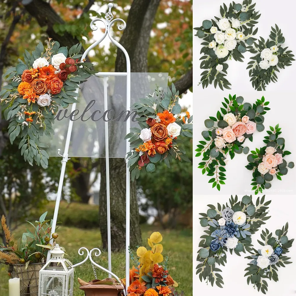 Couronnes de fleurs décoratives Yan Pays Mariage Bienvenue Signe Fleurs Terre Cuite Fleur Artificielle Swag pour Mariage Toile de Fond Réception Cérémonie Décoration 230808