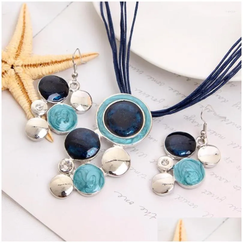 Серьги колье набор Minhin Special Circle Design Sier Acsessy Accessy Accessessy Blue Jewelry для женщин Высококачественные веревки Dhgarden Dhodj