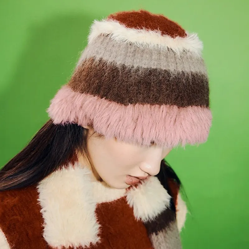Beanie Skull Caps Korean Striped Color Matching Mink Hair Beanie Hats for Men For Autumn Winter Fashion Warm Soft Plush Basin 230808