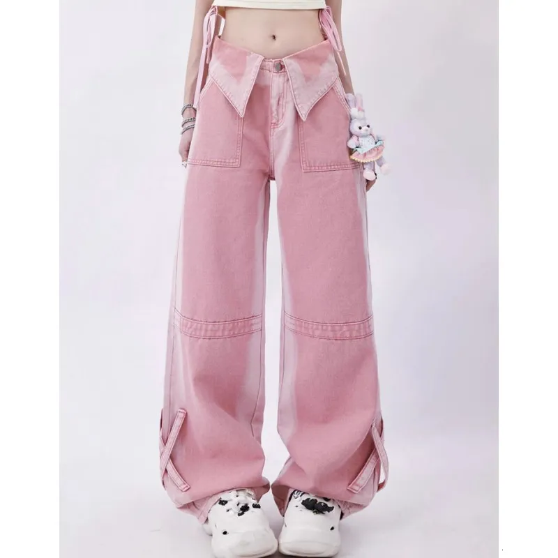 Женские джинсы Женщины розовые джинсы контрастируют с цветами высокая талия американские штаны с широкими ногами мод хип -хоп винтаж Прямой осень синие брюки 230807