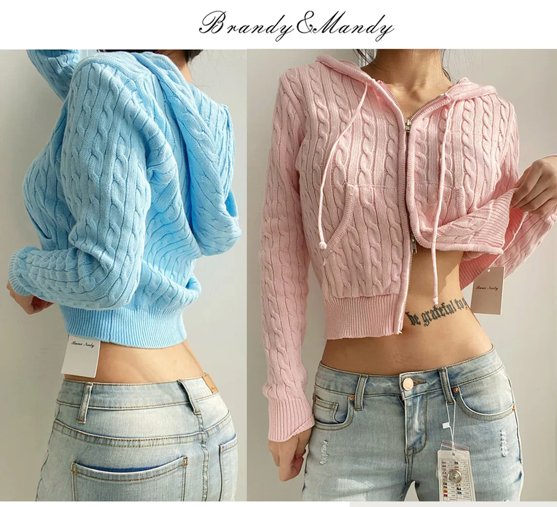 Women's Knits Tees Zip Up Sweater Brandy Mandy Autumn Winter Fashion Cardigan Long Sleeve Knitted Women Cardigan Brown Double Zipper Cable Knit Y2K 230807