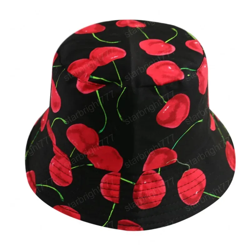 New Fashion Spring Summer Black White Cherry Bucket Hats Beach Sun Fishing Caps Gorras Women Mens