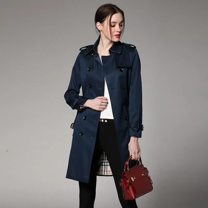 Luxury Designer Womens Long Navy Trench Coat Womens Loose Belt