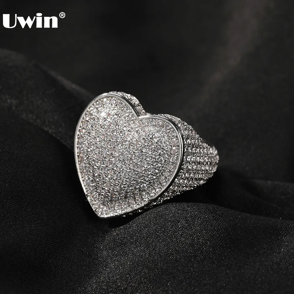 웨딩 반지 UWIN Big Heart Ring for Women 남자 남성 마이크로 포장 아이스 아웃 cz 스톤 링 패션 섬세한 펑크 보석 230808