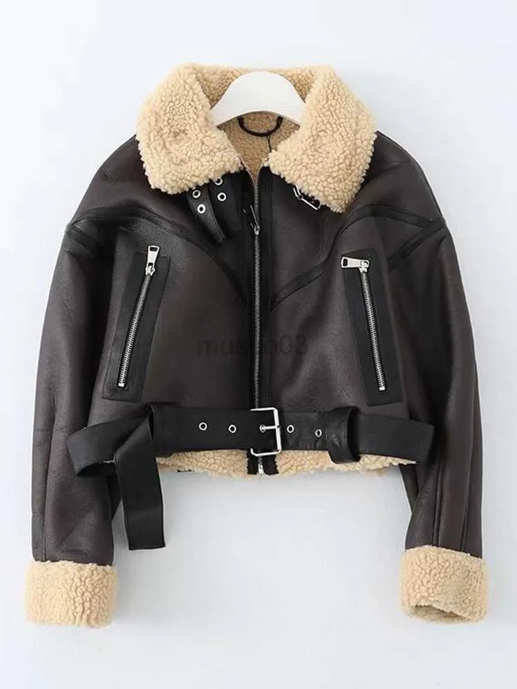 Women's Leather Faux Winter women's street clothing artificial lamb fur leather short jacket with belt motorcycle thick warm sheepskin overcoat coat HKD230808