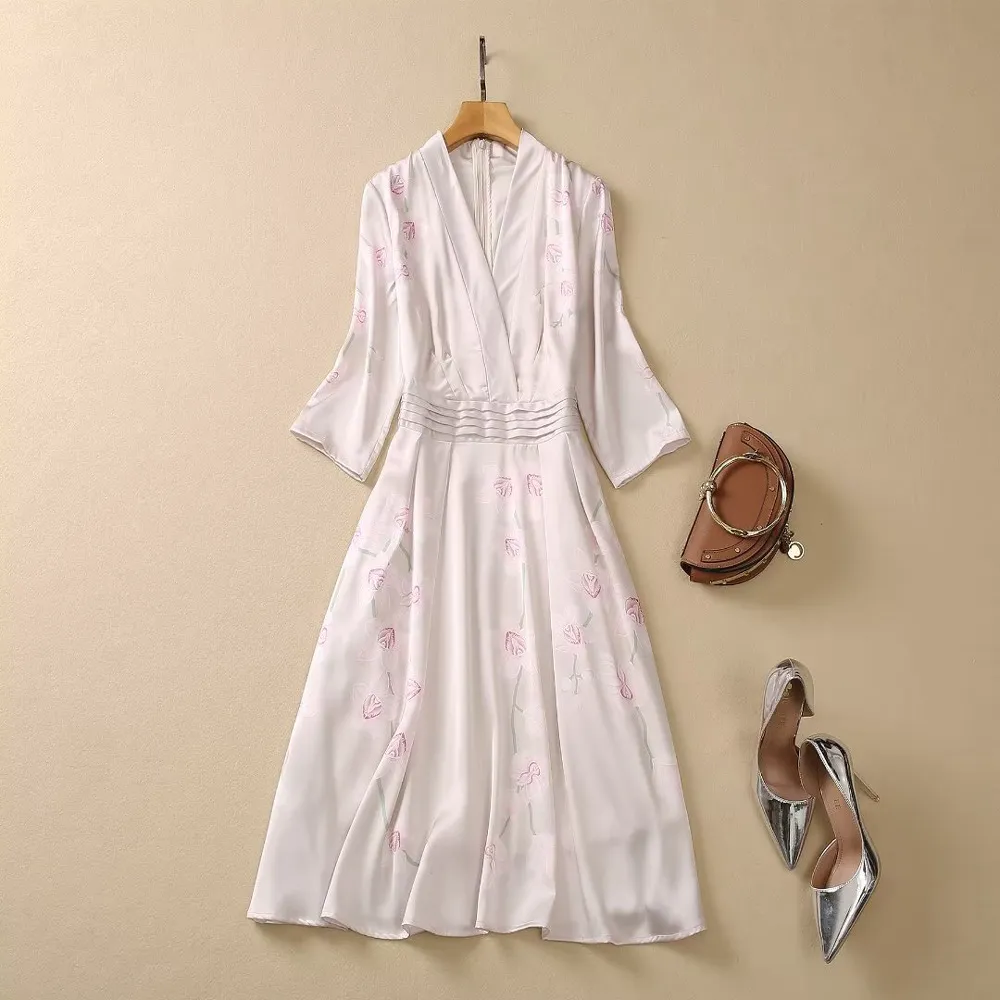 2023 Summer Pink Floral Print Panelled Dress Long Sleeve V-Neck Midi Casual Dresses A3Q102217