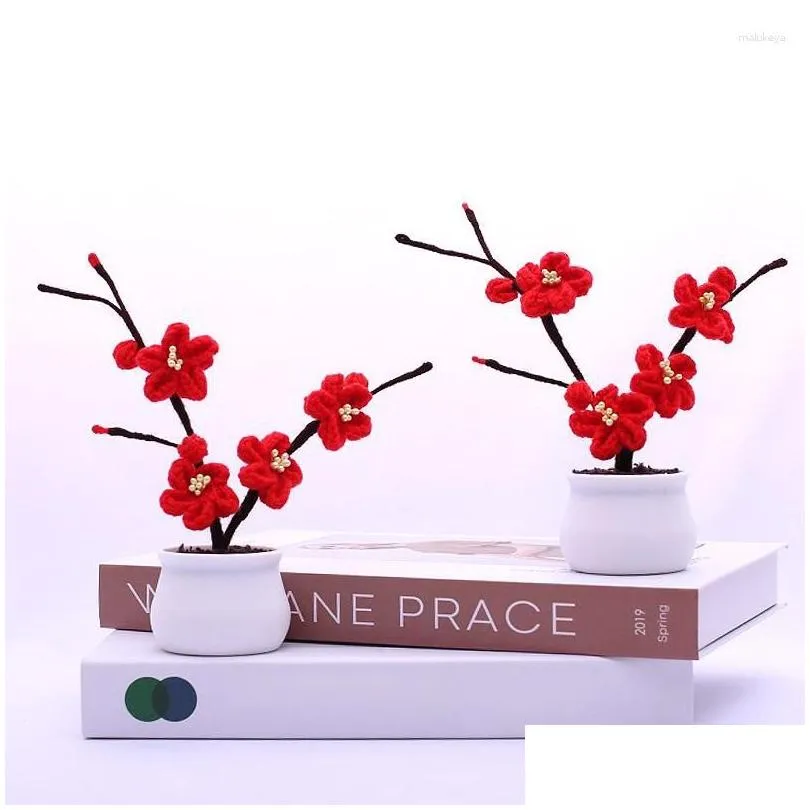 Fleurs Décoratives Couronnes Cloghet Fleur De Prunier En Pot Bonsaï Plantes Artificielles Ornements Tricotés À La Main Cadeaux Pour Bureau Maison Table D Dhx5I