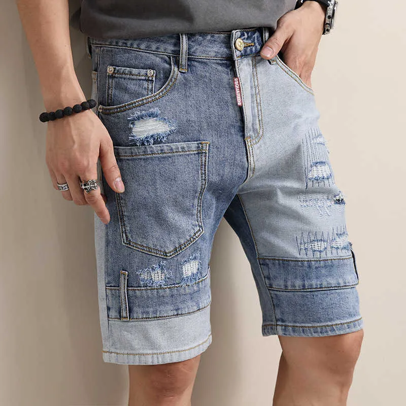 Nuevos pantalones cortos de mezclilla con parche para hombre de moda DSQ, pantalones asimétricos con múltiples bolsillos para hombre, arte de contraste de color para hombre
