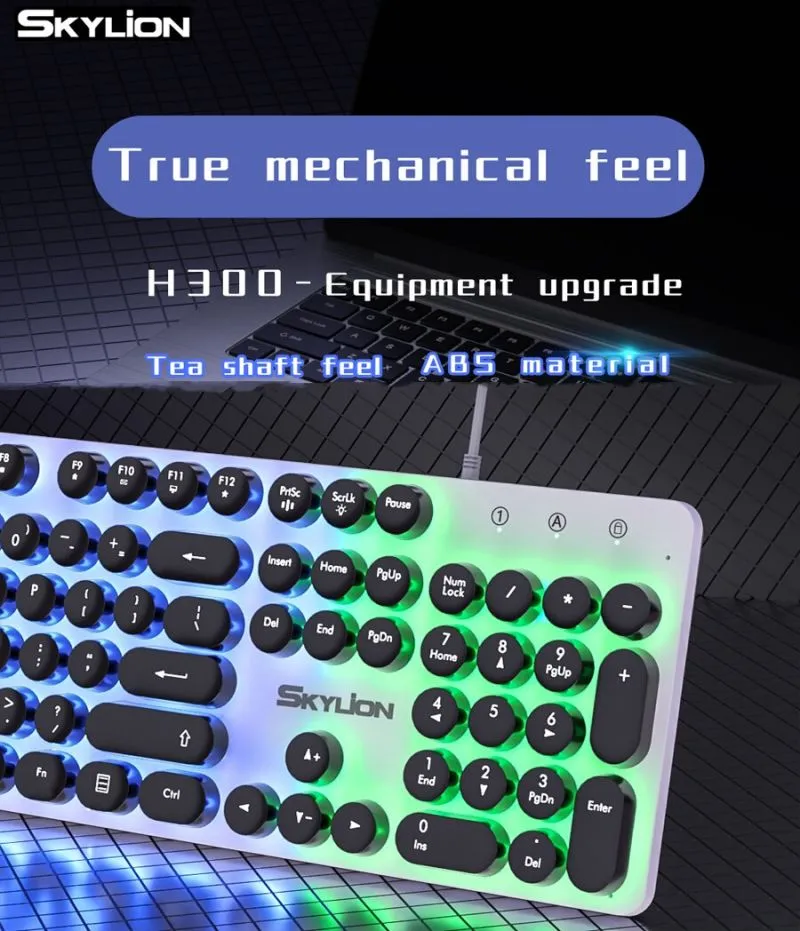 SKYLION-Clavier filaire à membrane H300, nombreux types d'éclairage coloré,  jeu et bureau, Windows et IOS, 104 prédire