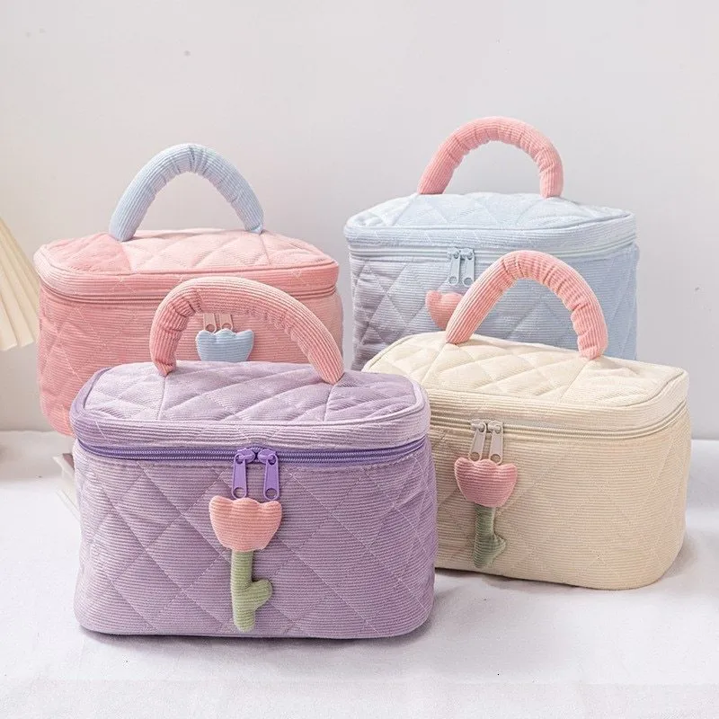 Cosmetic Bags Cases 1 Set Solid Color Flower Makeup Bag Zipper Large Soft Corduroy Female Travel Make Up Beauty Case 230808