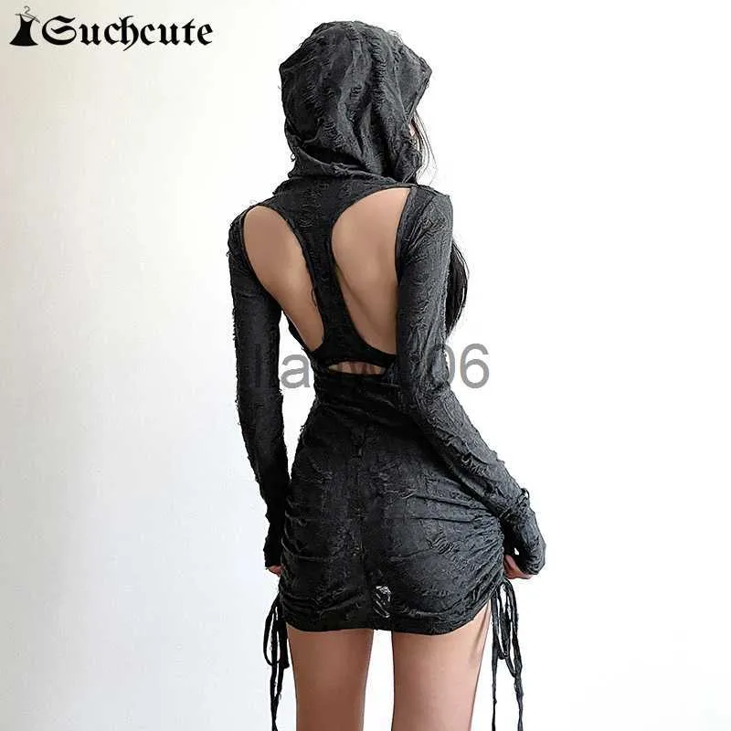 Basic Casual Dresses SUCHCUTE Ripped Y2K Grunge Knitted Hoodies Short Dresses Women Long Sleeve Bodycon Button Goth Streetwear Lace Up New Mini Dress J2308009