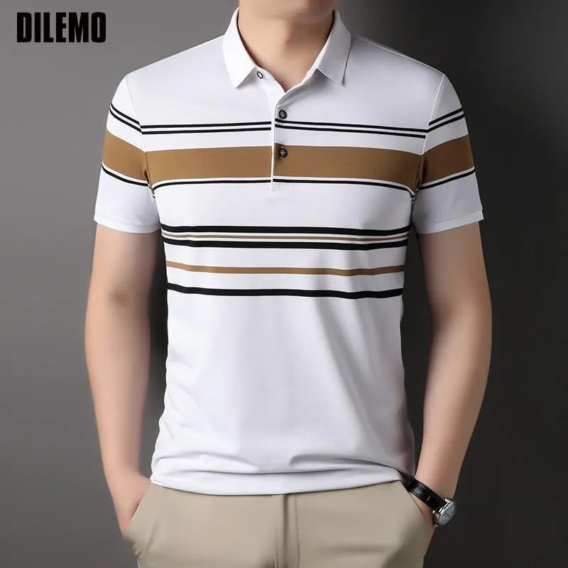 Men's Polos Top Grade Yarndyed Process Brand Fashions Summer Designer Polo Shirts For Men Short Sleeve Stripped Casual Tops Clothes 230808