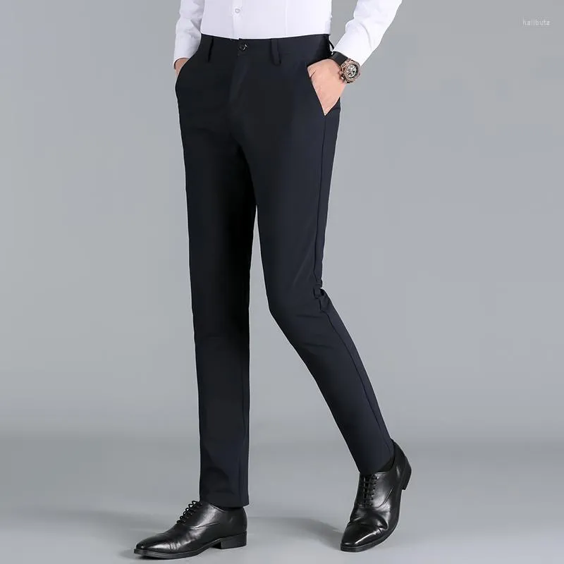 Calças masculinas casuais outono cor sólida reta fina longa marca negócios não ferro preto masculino