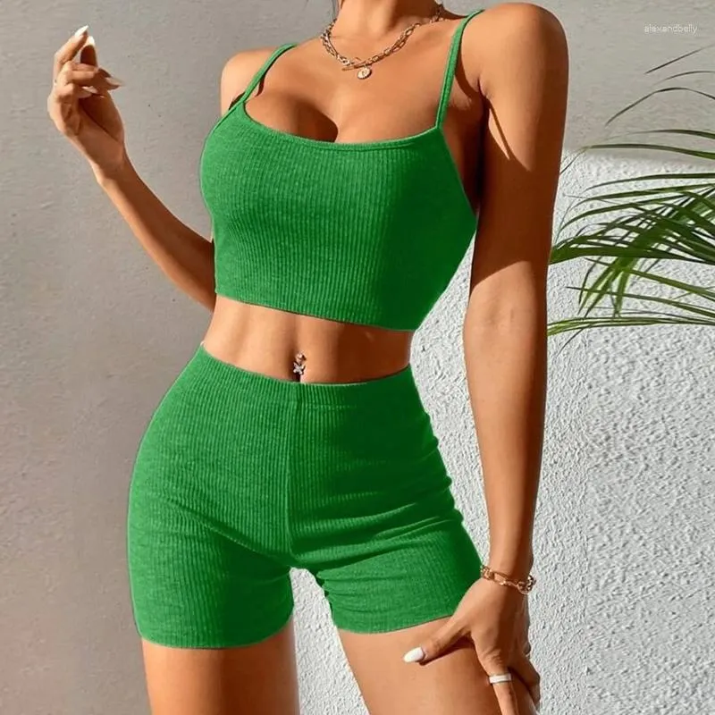 Roupa de dormir feminina Conjunto de pijamas sem costura Sling Feminino com nervuras Crop Tops Roupa íntima de fitness shorts Cami Basic Sexy Lingerie para Grils