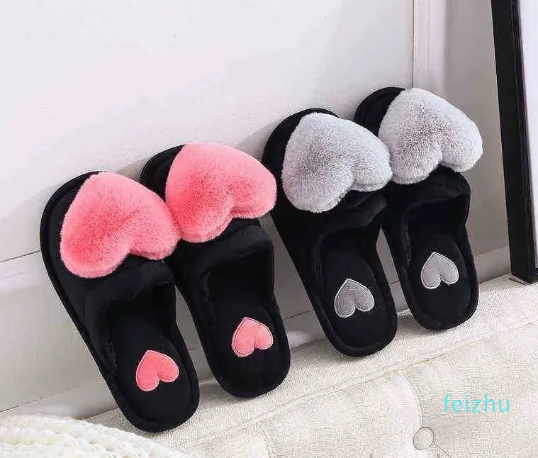 Fashion Women Slippers Love Heart Cotton Slippers Winter Fur Slides Ladies Home Furry Slippers Warm Indoor Shoes