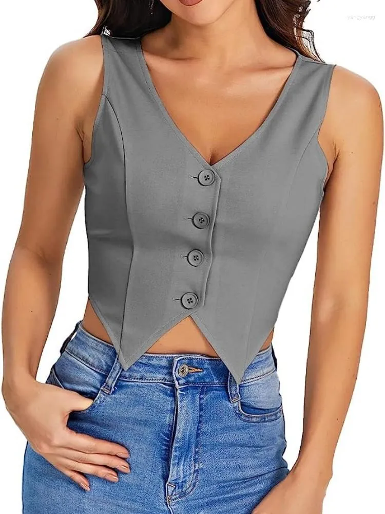 سترات النساء Wwomen's Vest v Hem Hem Button الرباط الأمامي سترة قصيرة رقبة بلا أكمام لون صلبة بسيطة