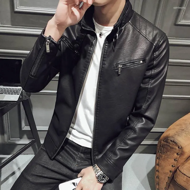 Mens leather top jacket high collar