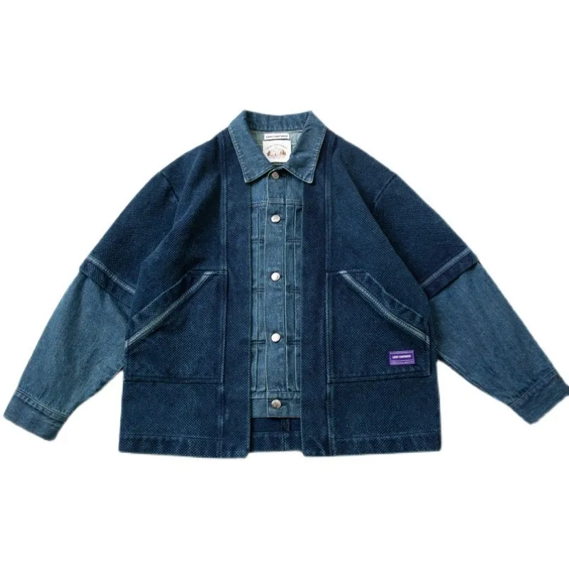 Herrenjacken Blau gefärbter Kendo-Stoff Gefälschte zweiteilige Denim-Patchwork-Jacke für Männer Lose Cpwbpy-Mantel Top Male 230809