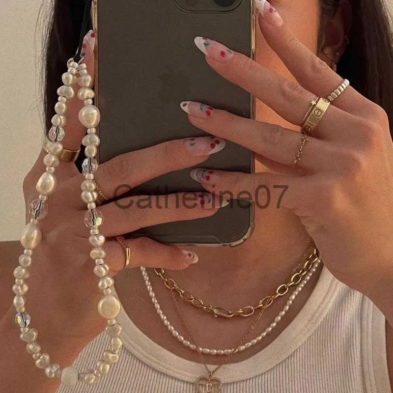 Pendant Necklaces White Pearl Phone Charm Baroque Irregular Simulated Pearl Crystal Glass Beaded Mobile Phone Chain Women Wristlet String Keychain J230809