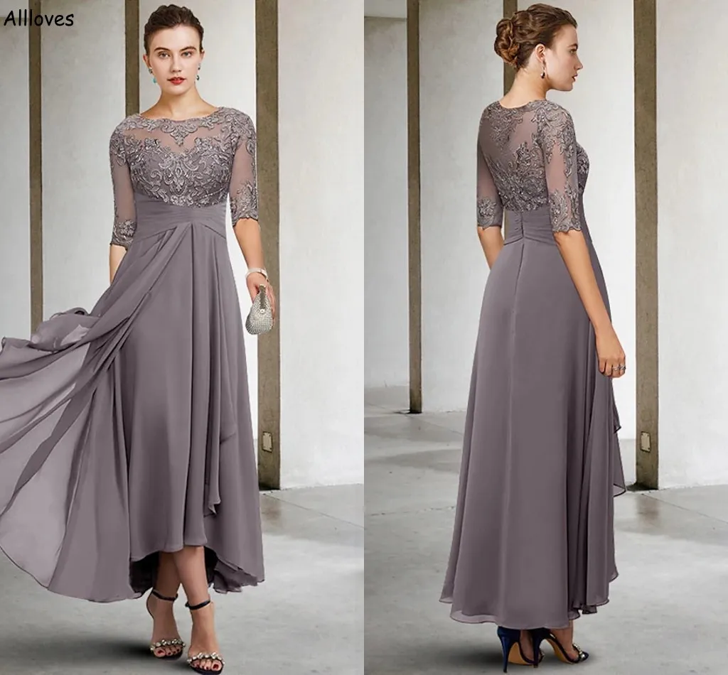 Fall Grey Chiffon En linje Mor till brudklänningarna Eleganta spetsapplikationer Beaded Women Formal Party med 3/4 långa ärmar Ankellängd Bröllop Gästklänning CL2692