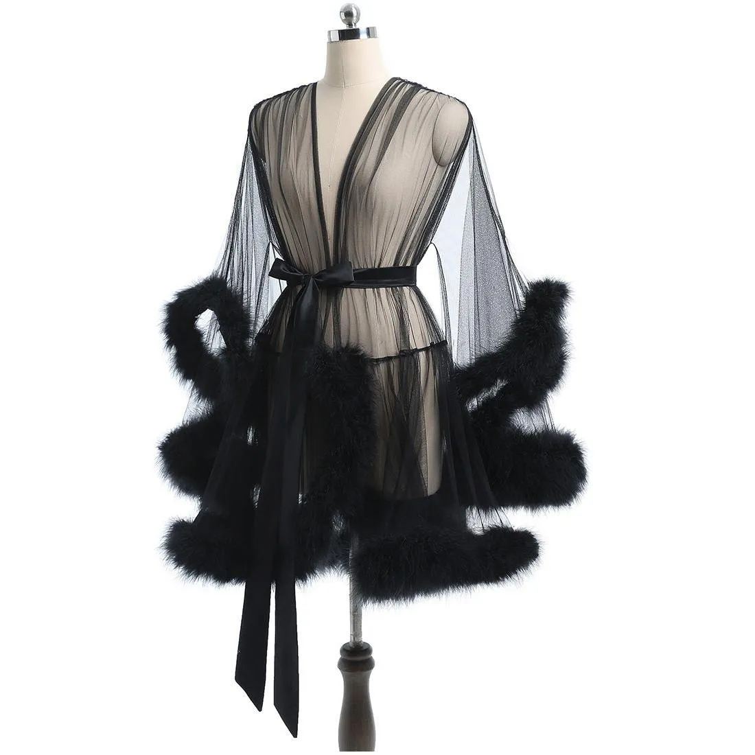 Sous-vêtements Vêtements de nuit Robe courte en plumes Robe de chambre Boudoir de mariée Sheer Tle Illusion Costume d'anniversaire Drop Delivery Party Même Dh9Oe