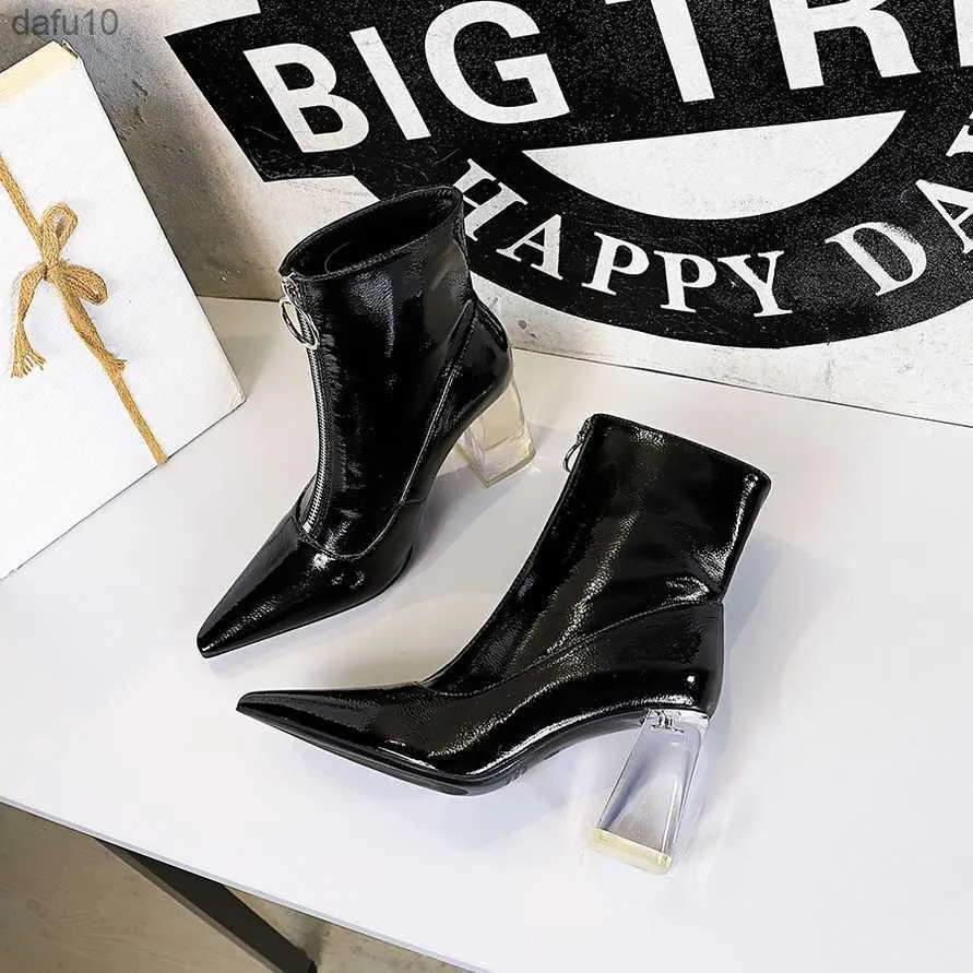 Bigtree Fashion Sexy Clubs Graty Patent Leather Leather Front Zipper Party Shoes for Women Ongle Boots Crystal Square Eyel Boots L230704