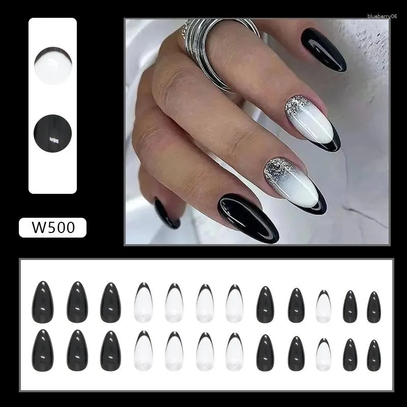 Dark Black Glitter Powder Long Almond Acrylic Nails Stiletto Black Full  Cover Art Set With Glue Charm For Y2K Music Parties And Sexy Girls From  Blueberry06, $5.73