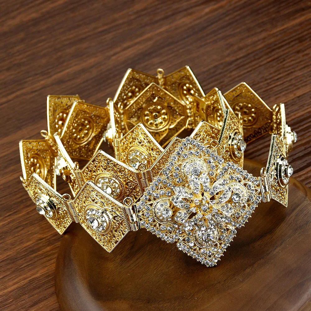 Belly Chains Sunspicems French Gold Color Women Belt Chain Crystal Metal Waistband Marocko Wedding Caftan Dress Belt Justerbar längd 230808