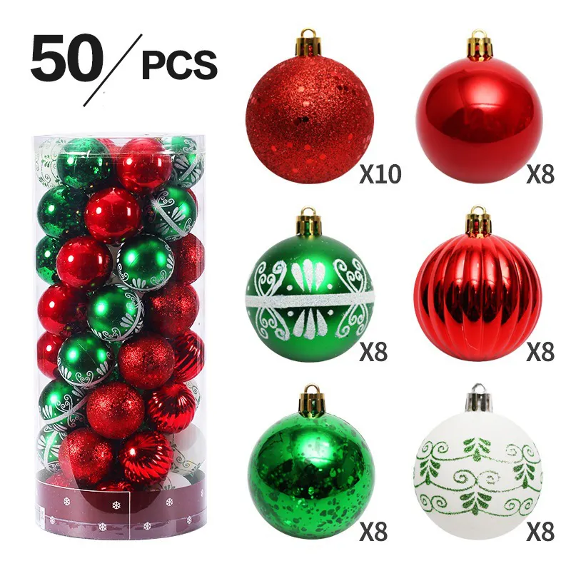 50Pcs/Box Plastic 6cm Christmas Balls Red Green Gold Xmas Tree Hanging Pendant Balls Happy New Year Navidad Decor Home Crafts